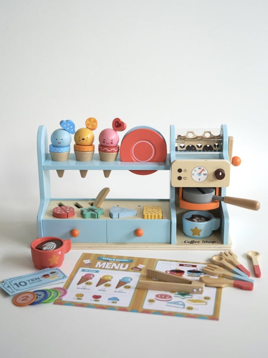 Wooden Ice Cream & Coffee Counter Play Set - Blue