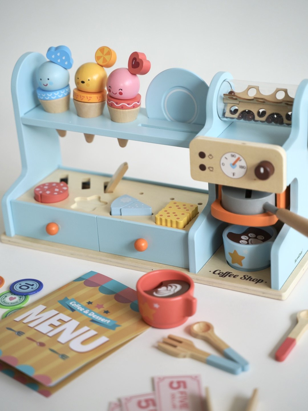 Wooden Ice Cream & Coffee Counter Play Set - Blue