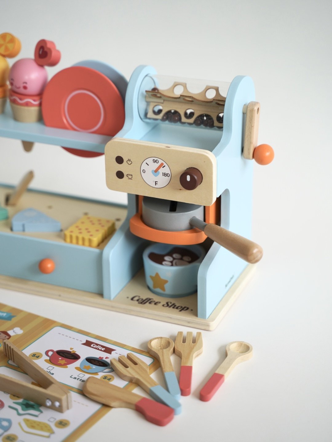 Wooden Ice Cream & Coffee Counter Play Set - Blue