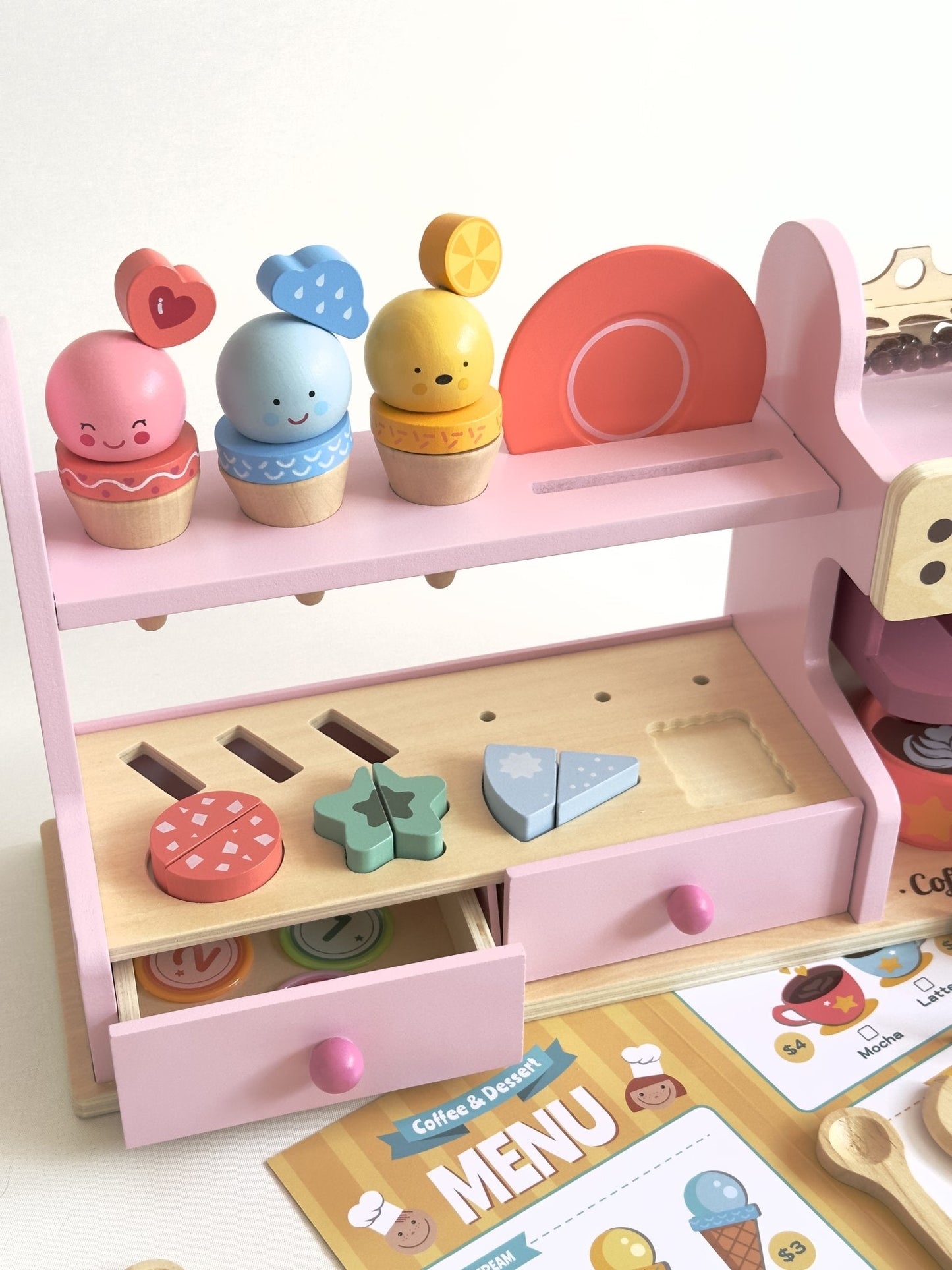 Wooden Ice Cream & Coffee Counter Play Set - Pink