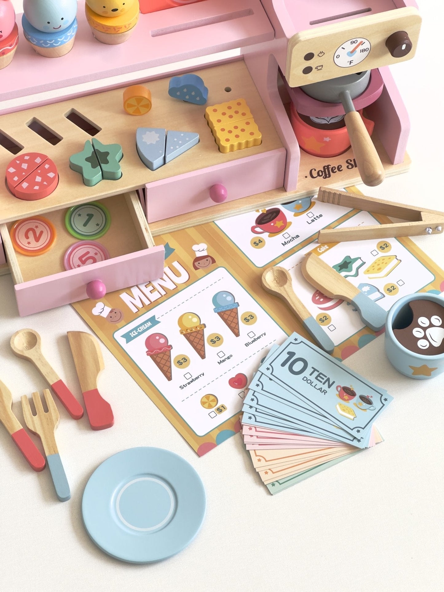 Wooden Ice Cream & Coffee Counter Play Set - Pink