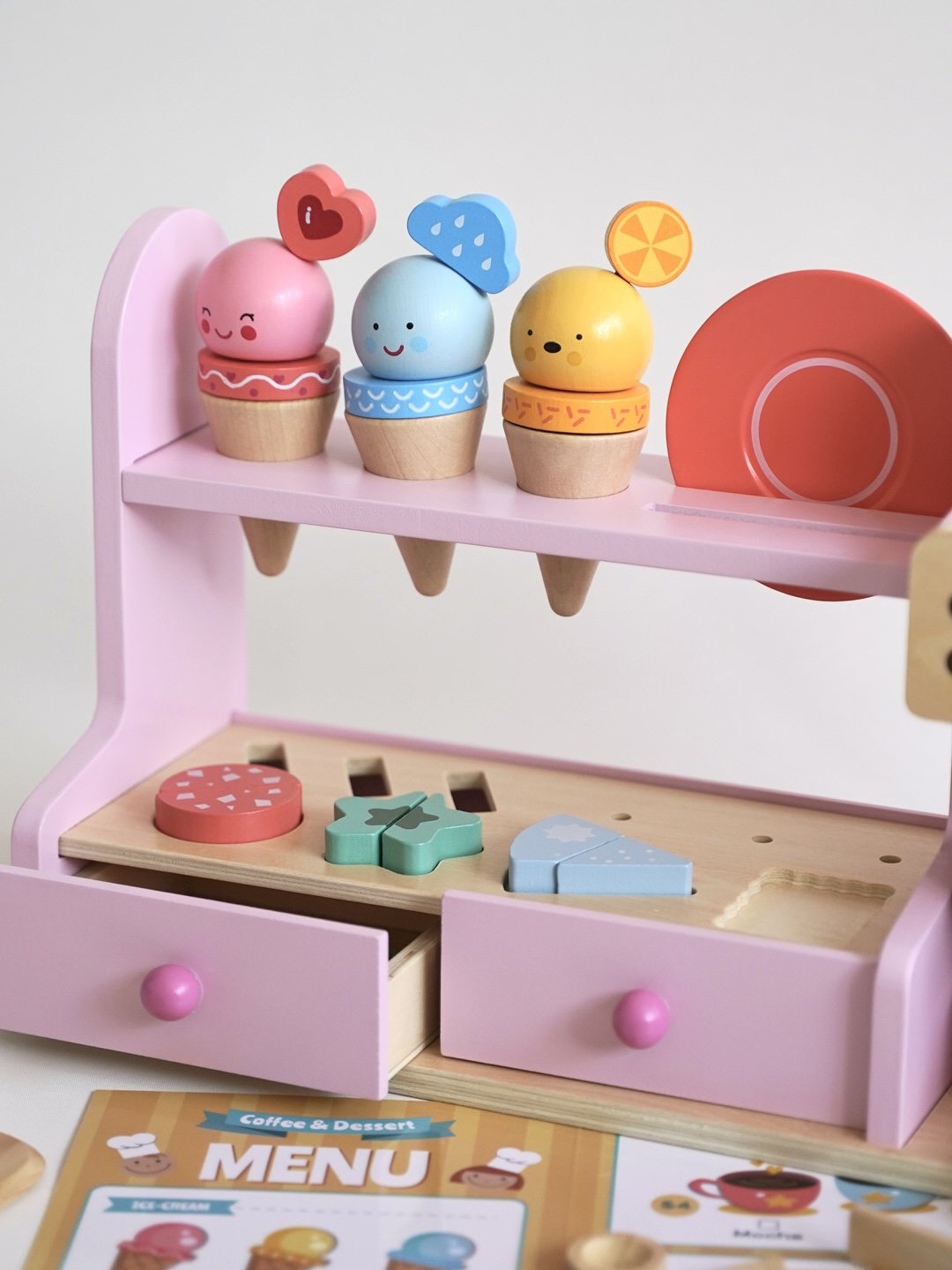 Wooden Ice Cream & Coffee Counter Play Set - Pink