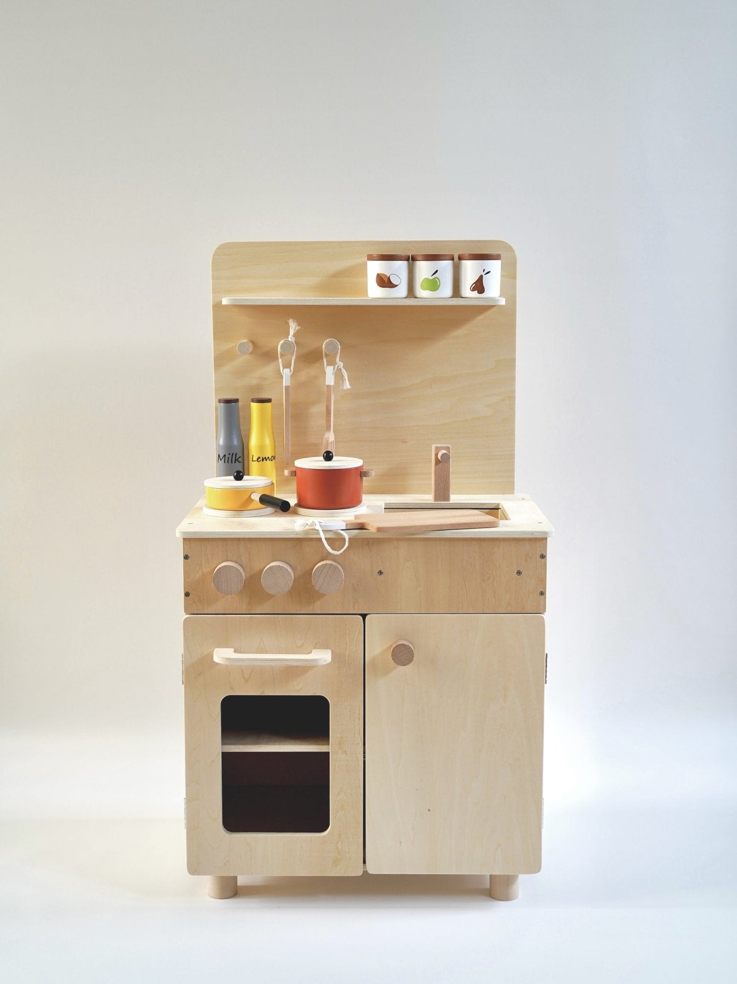 Wooden mini kitchen with cookware