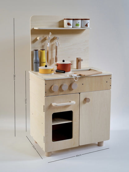 Wooden mini kitchen with cookware